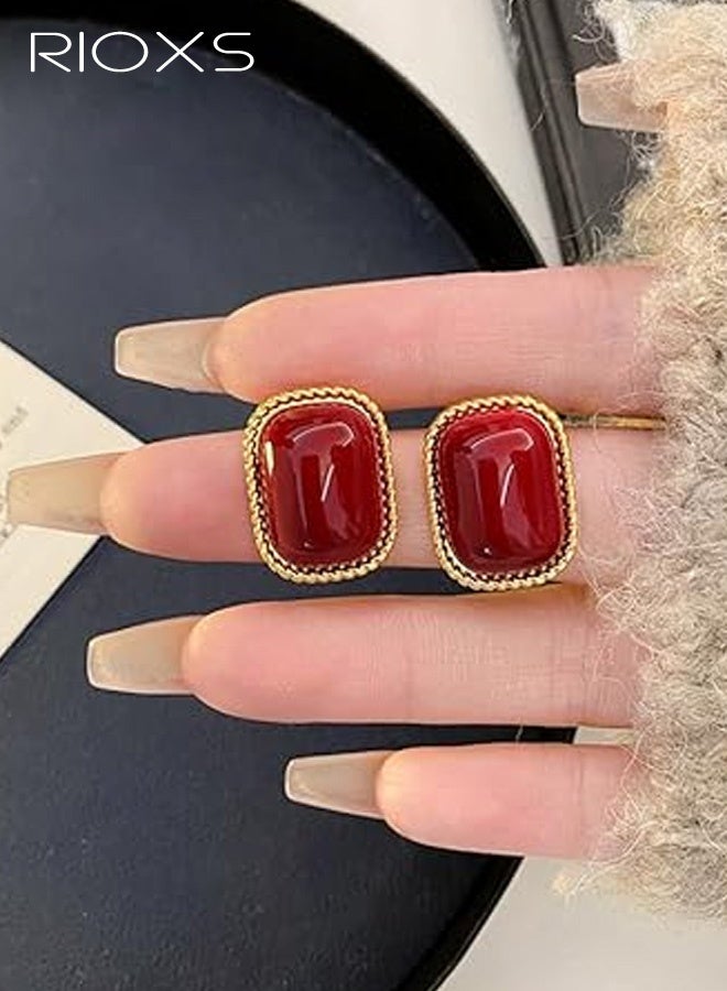 RIOXS Women's Vintage Rectangular Earrings, Hypoallergenic 925 Sterling Silver Studs Gold-rimmed Eye-Catching Jewelry Elegant, Perfect for Fall Fashion Accessories, Gifts, Parties, Anniversaries, Dating, Red - Image 5